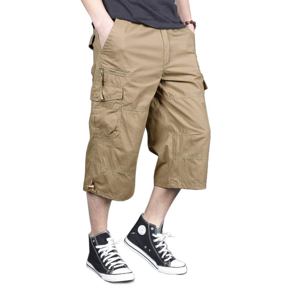 Men's Capri Long Elastic Cargo Shorts Below Knee Shorts 3/4 Cotton Cargo Casual Shorts