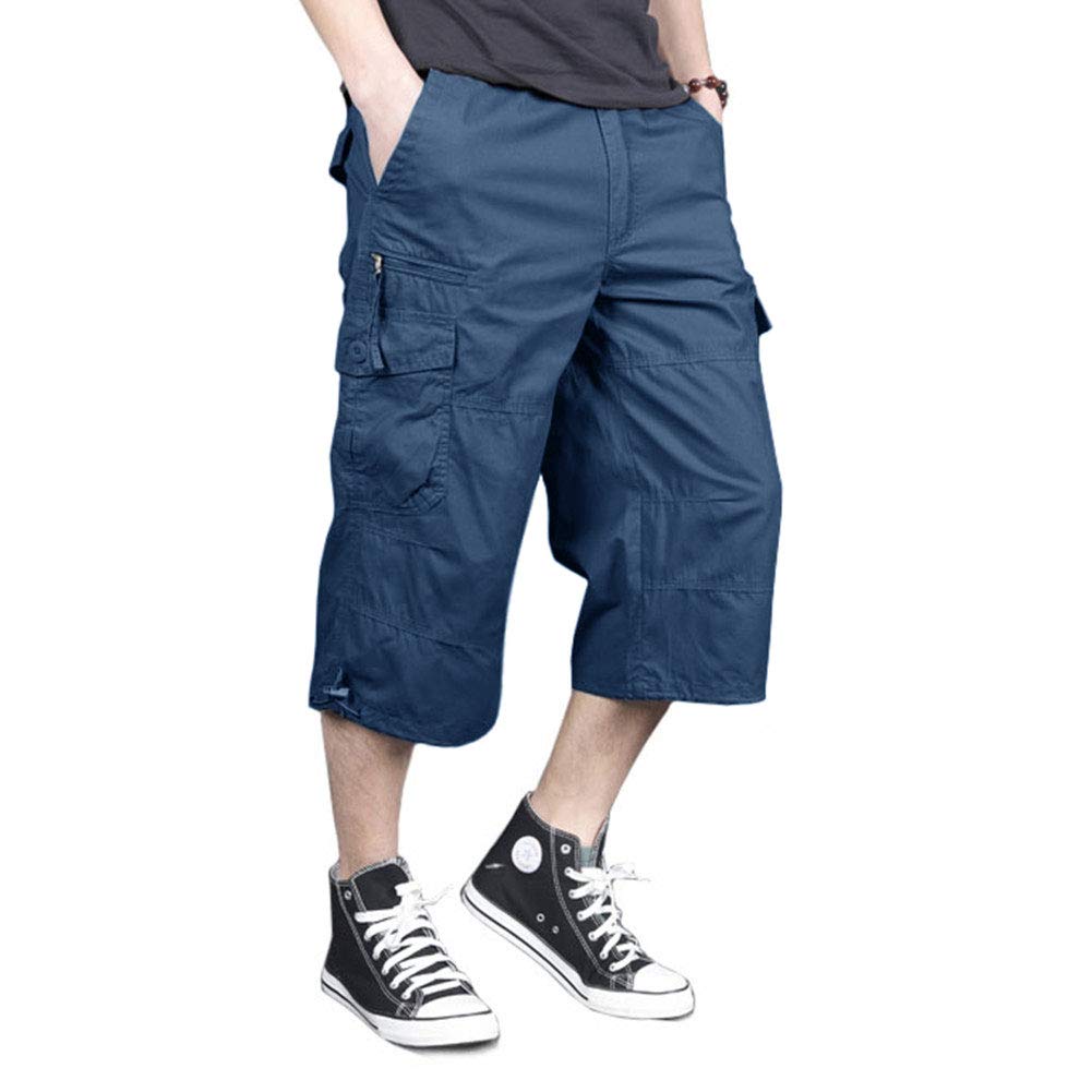 Men's Capri Long Elastic Cargo Shorts Below Knee Shorts 3/4 Cotton Cargo Casual Shorts