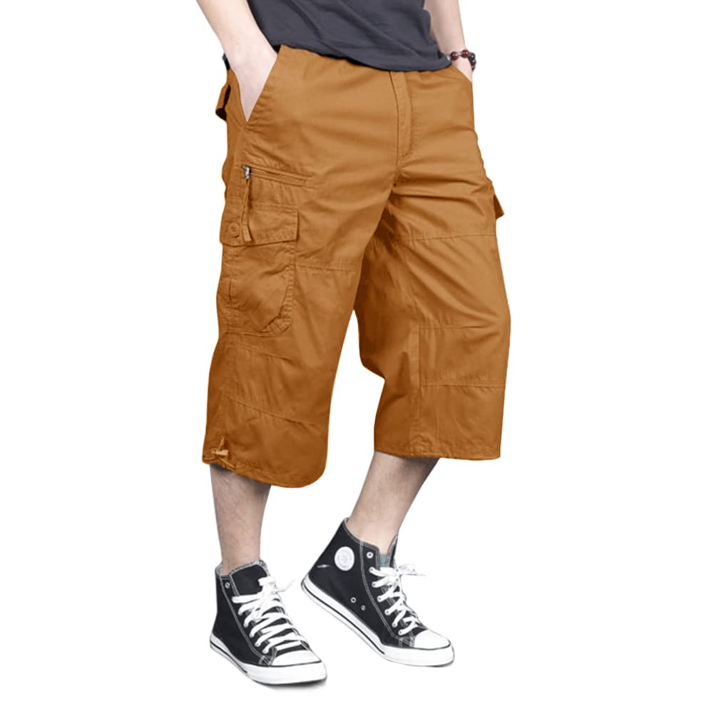 Men's Capri Long Elastic Cargo Shorts Below Knee Shorts 3/4 Cotton Cargo Casual Shorts