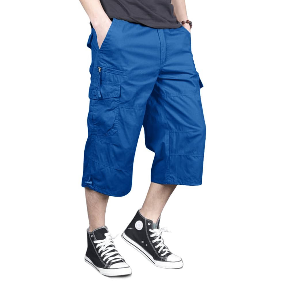Men's Capri Long Elastic Cargo Shorts Below Knee Shorts 3/4 Cotton Cargo Casual Shorts