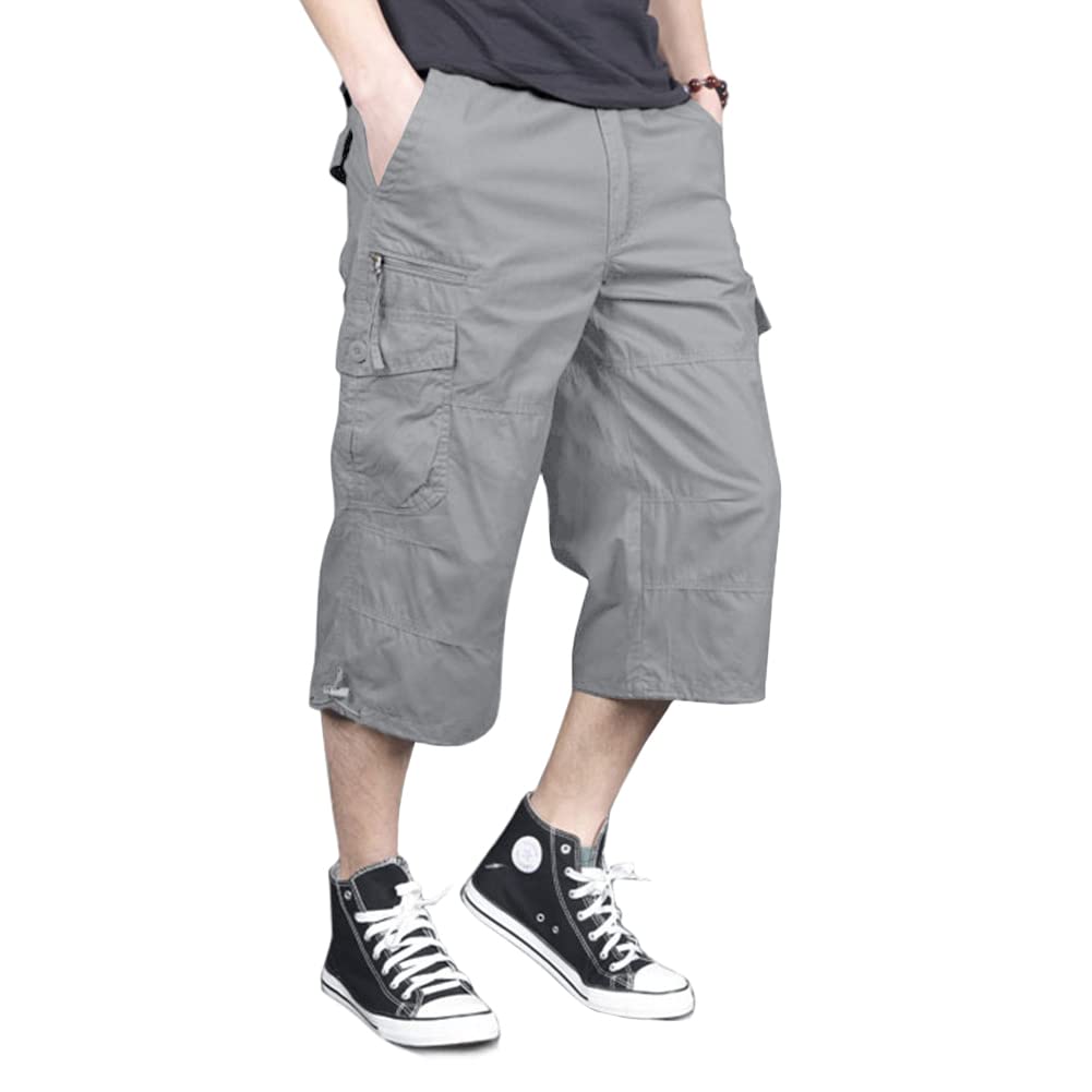 Men's Capri Long Elastic Cargo Shorts Below Knee Shorts 3/4 Cotton Cargo Casual Shorts